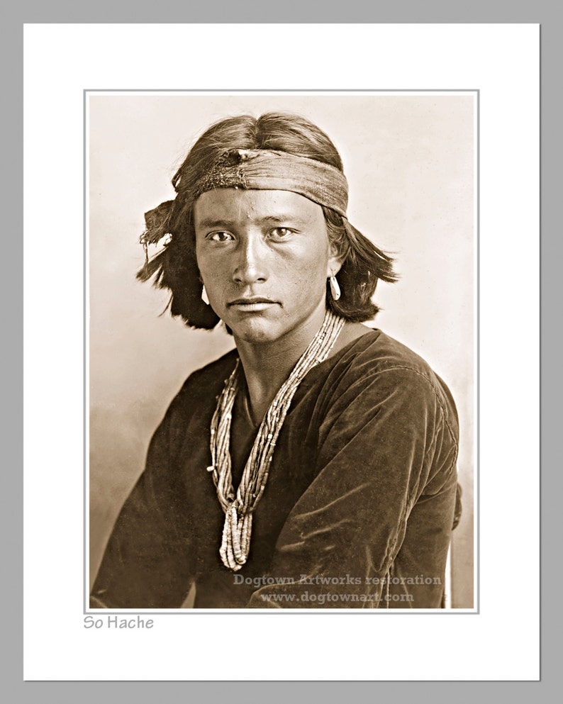 So Hache, Professionally Restored Photograph of Vintage Native American Young Handsome Navajo Tribe Indian Warrior by Karl E. Moon Sepia version