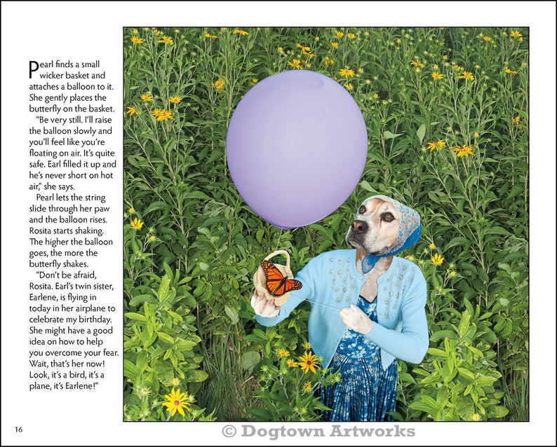 The Butterfly That Would Not Fly, third hardback book with dogs wearing clothes helping a monarch butterfly by Pringle of Dogtown Artworks image 5