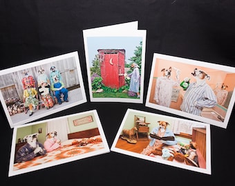 Domestic Bliss, set of 5 blank large greeting cards note cards of dogs wearing clothes in domestic situations with 5 envelopes
