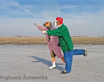 Ice Skating, large funny humorous original photograph featuring two Boxer dogs wearing vintage clothes ice skating on a frozen pond