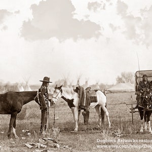 Professionally Restored Vintage Photograph of Crow Indians Gathering Horses at High Medicine Rock Camp in Montana