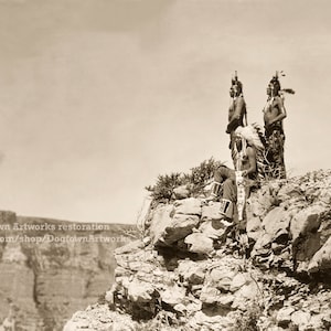 Watching the Signal, Professionally Restored Photograph of Vintage Three Crow Warriors on Cliff Watching Smoke Signal Across Canyon