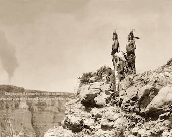 Watching the Signal, Professionally Restored Photograph of Vintage Three Crow Warriors on Cliff Watching Smoke Signal Across Canyon