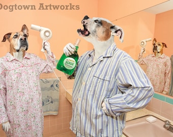 Gargle, funny humorous original photograph Boxer dog and American bulldog dressed in vintage pajamas in bathroom