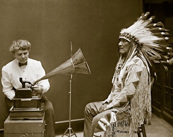 Music Stirs the Heart, Professionally Restored Photograph of Vintage Native American Indian Blackfoot Man Listens to Music Phonograph