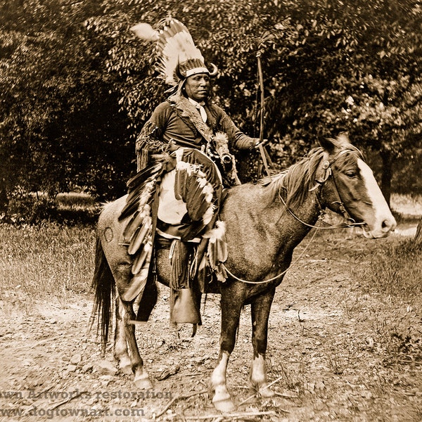 Elk Tongue, Restored Photograph Vintage Native American Indian Photograph Reprint of Kiowa Warrior Chief on Horseback