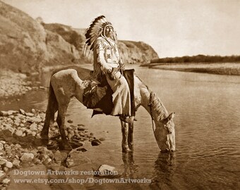 Bow River Blackfoot, Professionally Restored Large Photograph of Vintage Native American Indian Blackfeet Chief Warrior on Horse