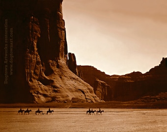 Navajo Riders in Canyon de Chelly, Professionally Restored Large Reprint of Vintage Native Indian American Photograph by Edward Curtis