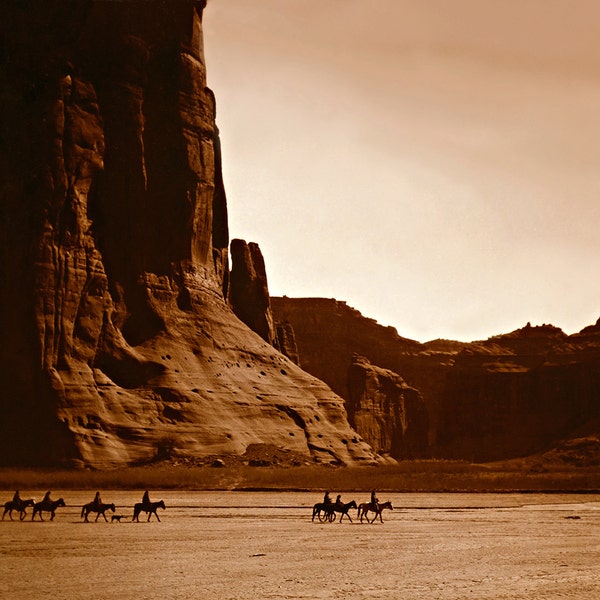 Navajo Riders in Canyon de Chelly, Professionally Restored Large Reprint of Vintage Native Indian American Photograph by Edward Curtis