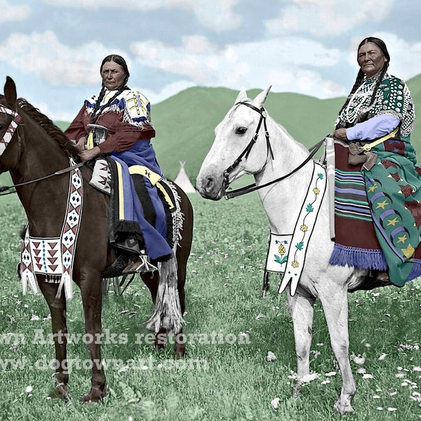 Flathead Women, Professionally Restored Large Reprint Color & Sepia Photographs of Vintage Native American Indian Women on Horseback