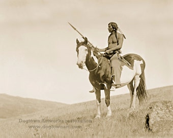 Medicine Owl, Professionally Restored Photograph of Vintage Native American Plains Indian Man on Horse with Spear