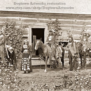 Professionally Restored Photograph of Vintage Saint Regis Mohawk Tribe Indians on Horseback at Log Cabin Home