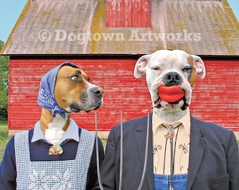 Dog Gothic, large funny humorous original photograph of Boxer dogs wearing vintage clothes spoof of Grant Wood's American Gothic