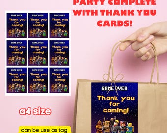 May include: Nine printable thank you cards featuring a Roblox theme. The cards are blue with stars and feature a group of Roblox characters. The text on the cards reads "Game Over" and "Thank you for coming!" The cards are designed to be printed on A4 paper and can be used as tags or stuck on paper bags.