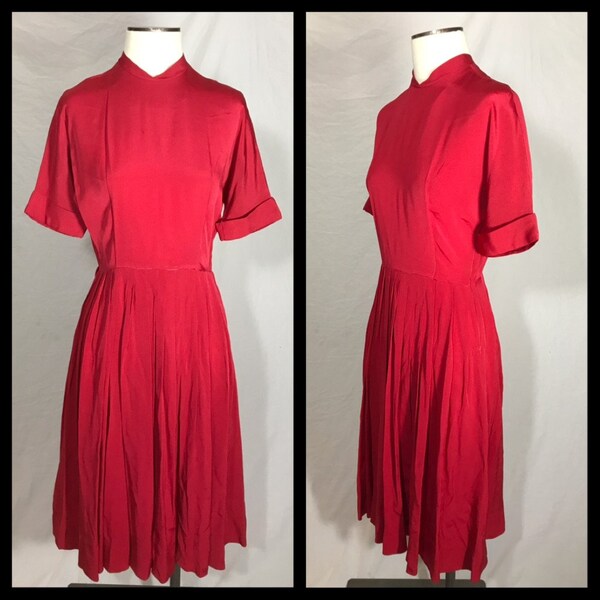 1940s Raspberry Red Dress has Shaped Jewel Neck and Short Cut In One Sleeves with Turn Back Cuff and Pleated Skirt - size Small