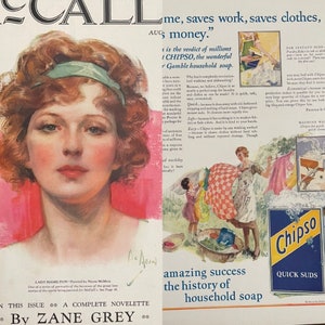 May include: A vintage advertisement for Chipso laundry soap featuring a woman with a red ribbon in her hair. The text reads "Chipso, the wonderful Gamble household soap." and "Quick Suds".