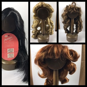 Vintage U Pick Doll Wig Size 8 9 Synthetic Long Styles with Sausage Curls Brown or Blond and Long Straight Black