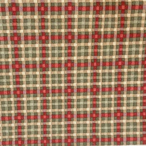 May include: A woven fabric featuring a plaid pattern in shades of green, tan, and red. The white selvage edge includes the printed text: Design by Raymond Waites Design, Inc. for Mill Creek Fabrics Screen Print Vat Dyes Scotchgard.