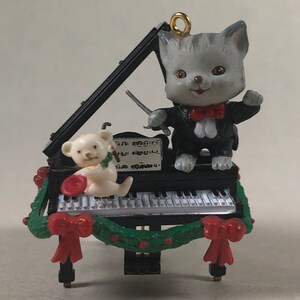 Vintage 1993 Enesco Christmas Ornament 582107 Holiday Mew-Sic Music Cat Conductor and Tedy Bear Dancer on Piano Approx. 2" Tall