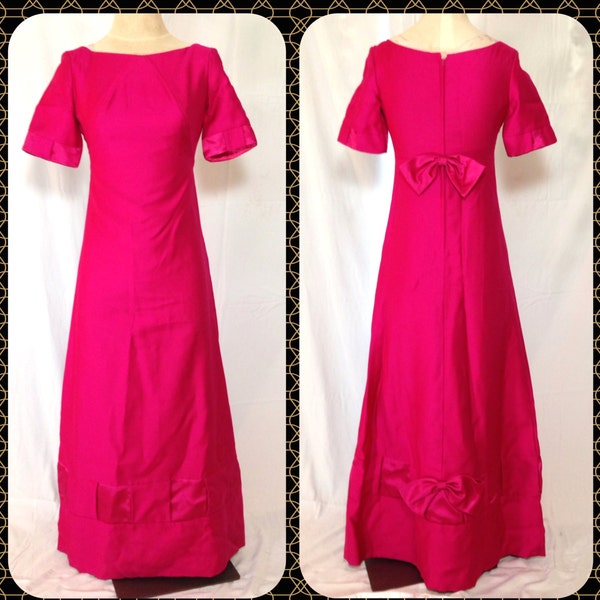 Vintage 1960s Emma Domb Maxi Sheath Dress with Ribbon Detail in Raspberry Barbie Bright Pink Formal Bridesmaid Barbie Bold - Size Small