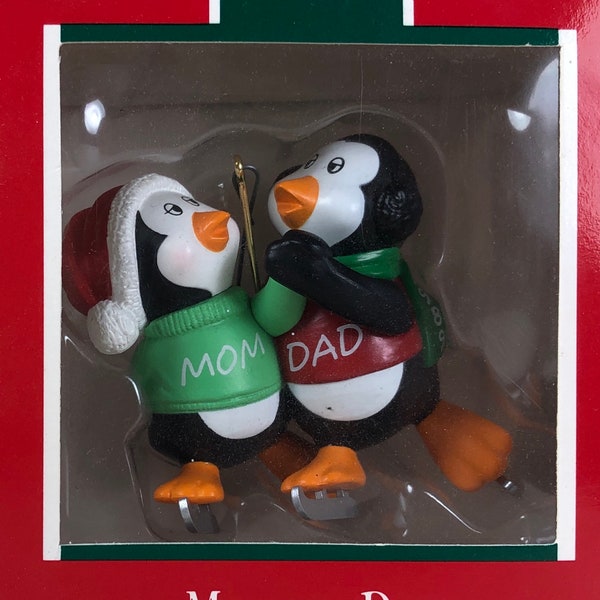 Hallmark 1989 Christmas Ornament Penguins Mom and Dad Ice Skating Green and Red Sweaters ~ 2" Tall
