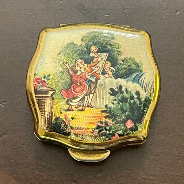 Vintage Medicine Pill Box Small Mini Gold with Old Fashioned Painting Two Lovers Kissing Garden Cupids Rococo Stratton England Square 1.5"