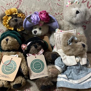 May include: A collection of plush teddy bears, each adorned with unique hats and accessories. One bear wears a green hat, another a floral crown, and others wear bonnets. Some bears have tags that read "Chanel" and "Simone".