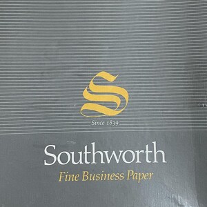 May include: A gray box with a white and yellow logo that says "Southworth Fine Business Paper" and "Since 1839".