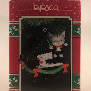 Vintage 1993 Enesco Christmas Ornament 582107 Holiday Mew-Sic Music Cat Conductor and Tedy Bear Dancer on Piano Approx. 2&quot; Tall