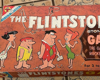 Vintage 1962 1960s The Flintstones Stoneage Game - Board Game That Rocked Bedrock Transogram - Complete But Broken Pieces - Hanna Barbera