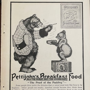 Vintage 1900 The Cosmopolitan Pettijohn's Breakfast Food Ad from the American Cereal Co Black and White Print SINGLE One Page Bears image 1