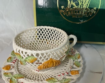 Belleek Made Hand Crafted in Ireland Fine Parian China Autumn Harvest Cup and Saucer Set 4418 Cream with Pumkin Leaves Detail Fall Decor