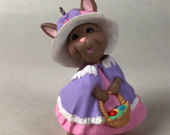 Vintage 1997 Hallmark Keepsake Ornament Springtime Bonnets Collector's Series Bunny with Bonnet and Easter Spring Basket 2" Tall