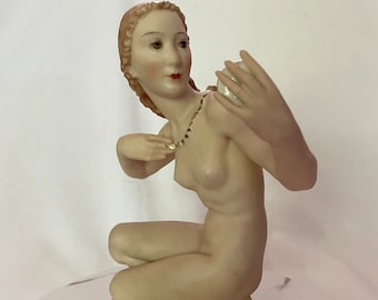 Vintage C Werner LHS Germany Maiden with a Compact Bisque Statue Woman Kneeling Gold Necklace Mirror Art Deco Nude Statuette See Descriptn
