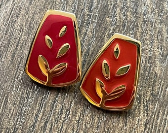 Vintage 1980s 1990s Trifari Gold Tone Earrings Pieced Ears Red Enamel Plant Design Two Tone One Raspberry One Burnt Orange VA