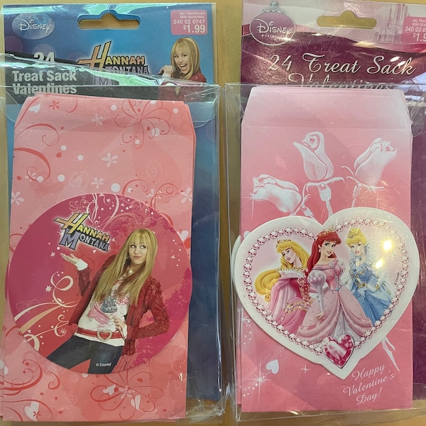 U Pick Disney Valentine's 24 Count Treat Snack Bags Pink Paper Envelope with Princesses in Heart or Hannah Montana