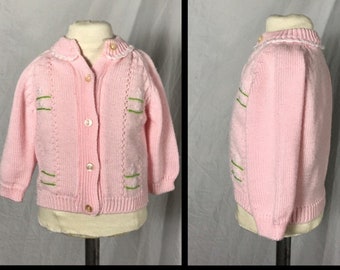 Vintage 1960s Era Carriage Boutiques by Friedknit Creation Baby's Pink Acrylic Knit Cardigan Sweater with Embroidery - Estimate 3 Months