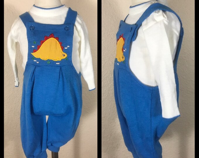 Size 3-6 Months Vintage Croissant Baby Boys Sweater Set Blue Overalls with Dinosaur Applique /& Contrast White Pullover Sweater Top