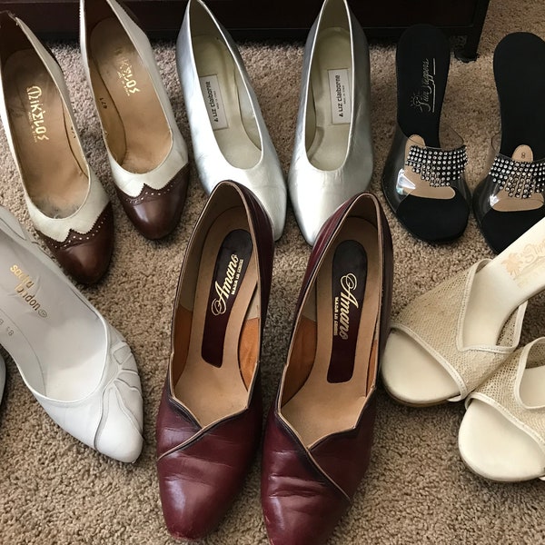 U Pick Vintage Shoes - Day or Party Heels - Liz Claiborne Metallic SIlver, Rhinestones, Island Slipper, Red, Brown and White,  Sacha White