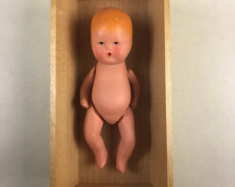 Vintage 1940s Era K&H Kerr Hinz Bisque Baby Doll Painted Blond Hair Blue Eyes 4" Tall and Maple Wooden Crib