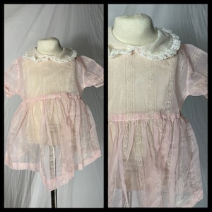 Vintage 1950s Era Handmade Little GIrl&#39;s Pink Sheer Organza Party Dress Swiss Dot White Peter Pan Collar Lace Trim Short Sleeve Est 2T 3T