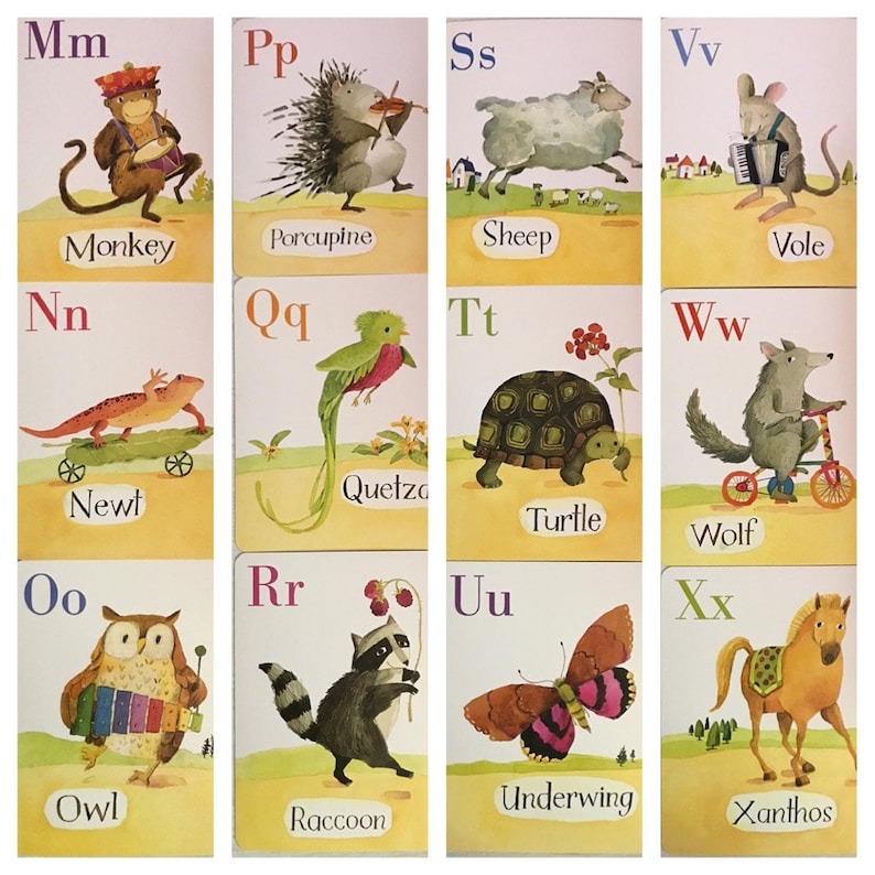 May include: A set of alphabet flash cards featuring colorful illustrations of animals and their names. Each card has a letter of the alphabet, an animal illustration, and the animal's name written below. The animals include a monkey, porcupine, sheep, vole, newt, quetzal, turtle, wolf, owl, raccoon, underwing, and xanthos.