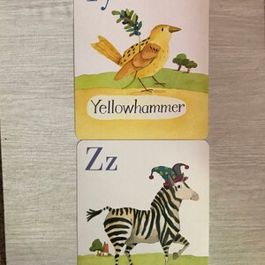 May include: Two alphabet flashcards with illustrations. The first card shows the letter Y with a yellow bird called a Yellowhammer. The second card shows the letter Z with a zebra wearing a jester's hat.