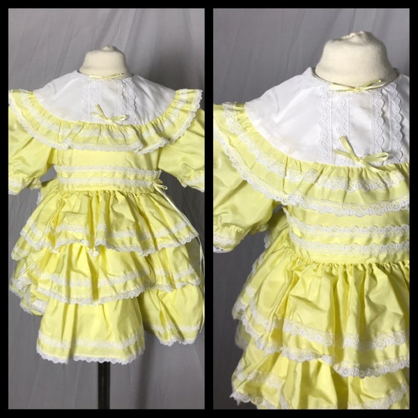 Martha's Miniatures We're Fussy Yellow Toddler Girls Dress Round Lace Trimmed Collar Tiered Ruffle Skirt Attached Slip Size 3T