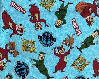 Yogi Bear Hanna Barbera VIP Cranston Fabric Remnant Boo Boo Ranger Blue Background Jellystone National Park Fabric Remnant VA
