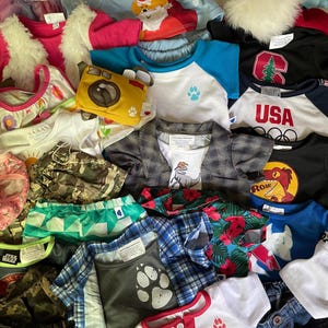 May include: A selection of children's garments, such as t-shirts, a baseball cap, and shorts. The shirts display diverse graphics, including a paw print, a dinosaur, and the text "USA". Colours include blue, white, black, and green.