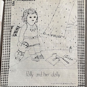 May include: Black and white line drawing of a girl holding a doll. The girl is wearing a dress and shoes. The doll is wearing a dress. The image is from a vintage sewing pattern. The text on the pattern reads "the Patchmakers #1400 Polly and her dolly ~as seen in Woman's Day~"