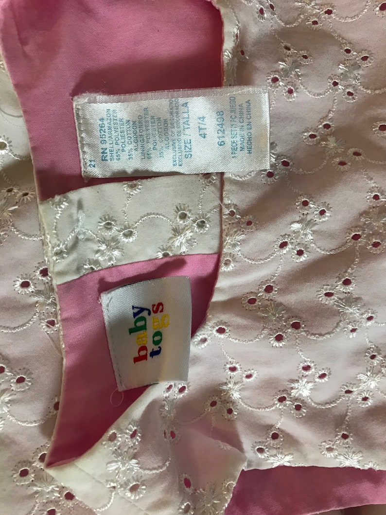 Sizs 4T Baby Togs Toddler Girl\u2019s A Line Dress White Eyelet Lined in Pink with Grosgrain Ribbon Trim and Patch Pockets