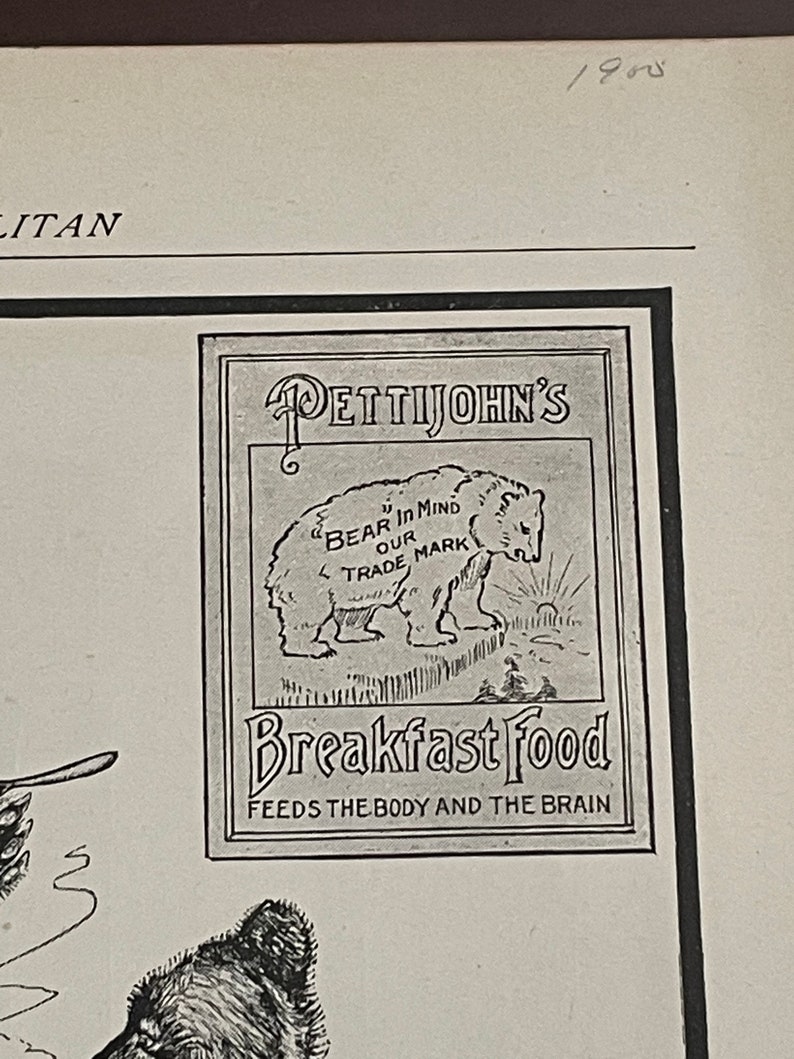 Vintage 1900 The Cosmopolitan Pettijohn's Breakfast Food Ad from the American Cereal Co Black and White Print SINGLE One Page Bears image 2