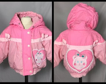 1980s Vintage London Fog Baby Girl's Pink Puffer Coat with Zipper and Snap Front Closure Bear Heart Applique Hood - 18 Months